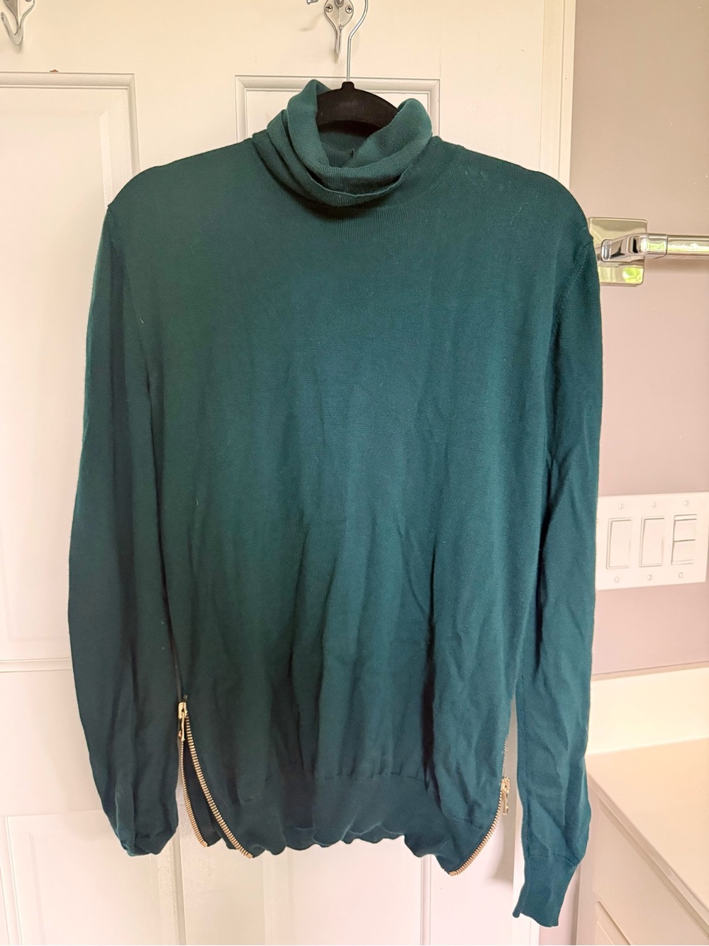 Balmain Wool Emerald Green Turtleneck Sweater Side Zip Gold Merino
